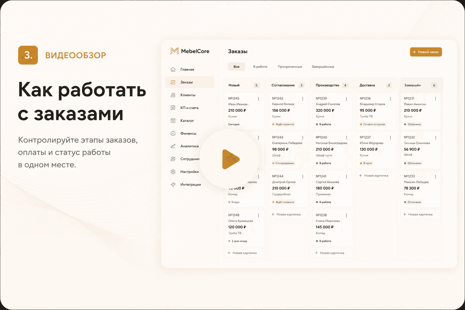 Работа с заказами в MebelCore