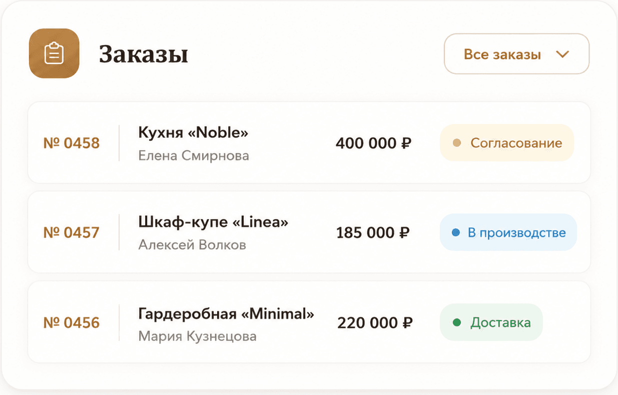 Список заказов мебельного салона в MebelCore